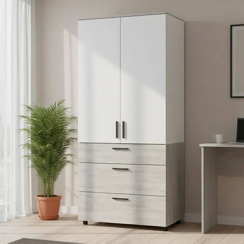 Шкаф распашной Торн Doros (Дорос) 2 ДСП/3Ш (полки) 90х51,6х200 см сосна натти / белый 44900462 фото мебель