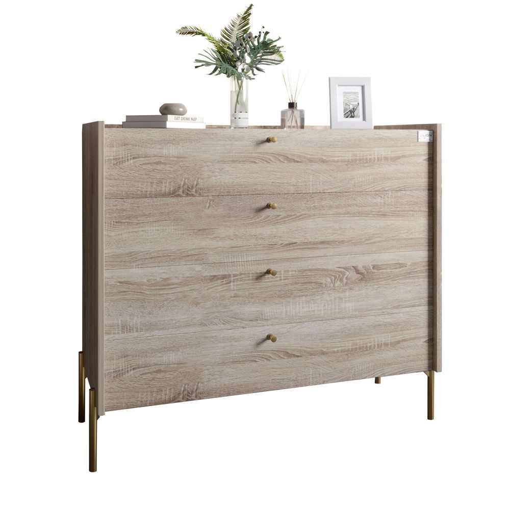 Комод із 4 шухлядами LION Wood на золотих металевих ніжках 100х90х45 см дуб сонома 17894 фото меблі