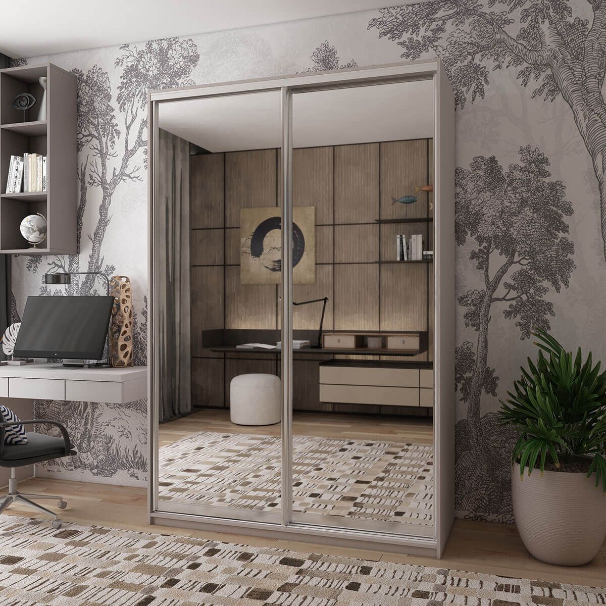 На фото шафа-купе Сіті Лайт Doros (Дорос) 2 Дзеркала 150х60х225 см кашемір в інтер'єрі