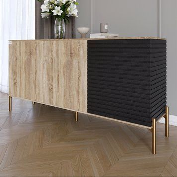 Комод закрытый в гостиную на золотых металлических ножках LION Грей 154x38x76,5 см дуб сонома / асфальт 30608 фото мебель