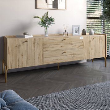 Тумба под телевизор с ящиками LION Wood с золотыми металлическими ножками 180х50х40 см дуб аппалачи 18146 фото мебель