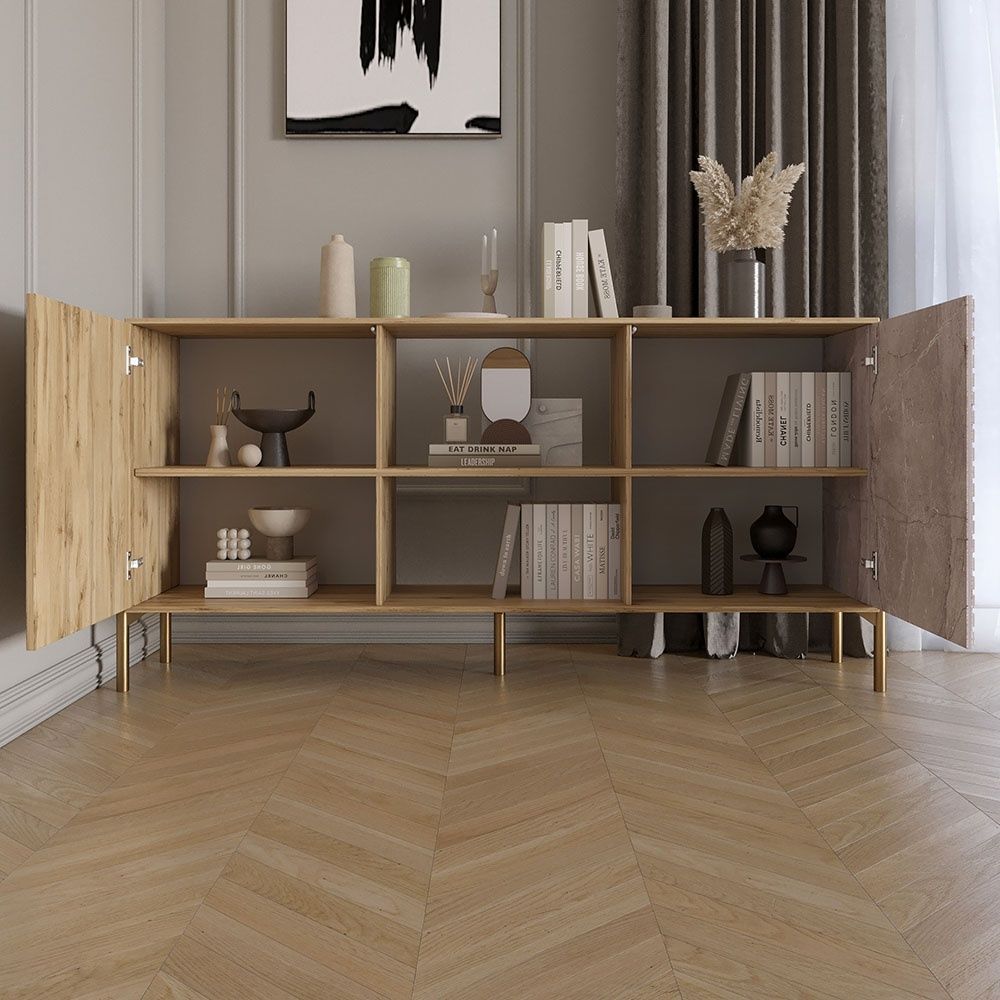 Комод відкритий на золотих металевих ніжках LION Грей 154x38x76,5 см бетон Style / дерево 18495 фото меблі