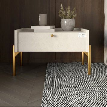 Тумба приліжкова LION Wood з однією шухлядою на золотих металевих ніжках 50х31,5х40 см бетон Style 17588 фото меблі