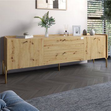 Тумба под телевизор с ящиками LION Wood с золотыми металлическими ножками 180х50х40 см дуб артизан 18147 фото мебель