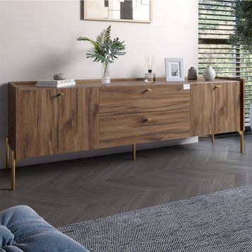 Тумба под телевизор с ящиками LION Wood с золотыми металлическими ножками 180х50х40 см дуб ливорно 18148 фото мебель