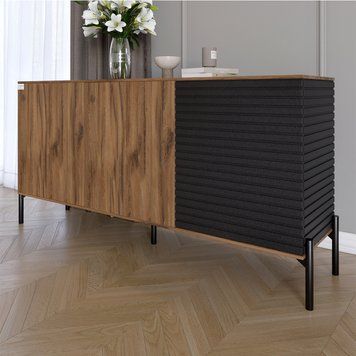 Комод закрытый в гостиную на черных металлических ножках LION Грей 154x30x76,5 см дуб ливорно / асфальт 30494 фото мебель