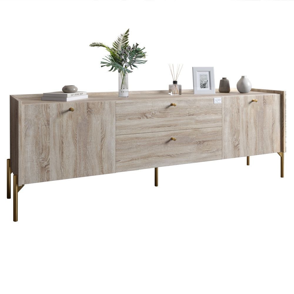Тумба под телевизор с ящиками LION Wood с золотыми металлическими ножками 180х50х40 см дуб сонома 18149 фото мебель