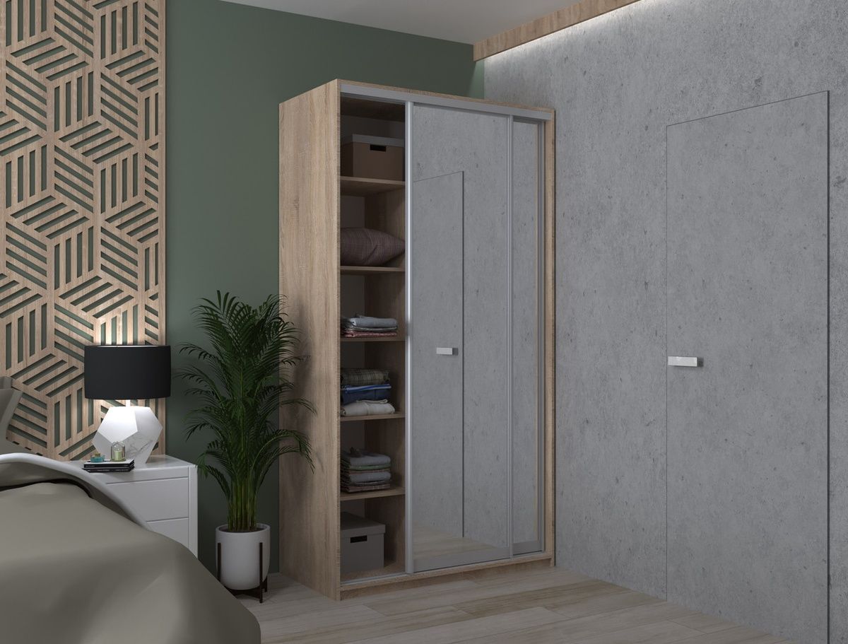 На фото шафа-купе Сіті Лайт Doros (Дорос) 2 Дзеркала 120х60х225 см дуб сонома в інтер'єрі