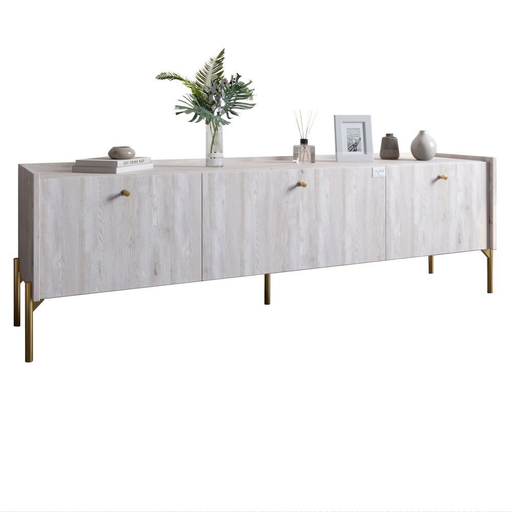 Тумба под телевизор на 3 ящика LION Wood с золотыми металлическими ножками 160х65х40 см самоа дымчатый 18014 фото мебель