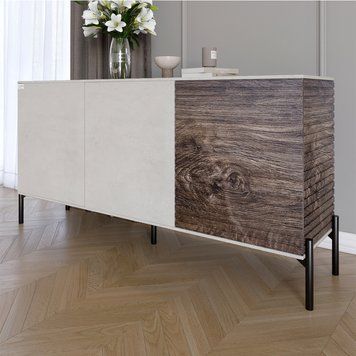 Комод закрытый в гостиную на черных металлических ножках LION Грей 154x30x76,5 см бетон Style / дерево 30512 фото мебель