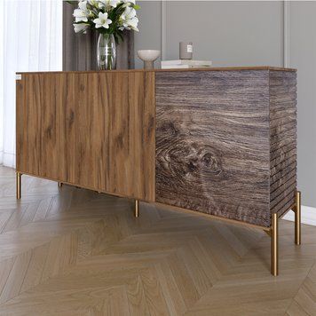 Комод закрытый в гостиную на золотых металлических ножках LION Грей 154x38x76,5 см дуб ливорно / дерево 30628 фото мебель