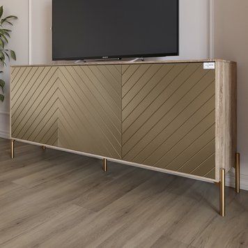 Тумба під телевізор із золотими металевими ніжками LION Амарант 168x40x76,5 см дуб сонома трюфель / перламутровий металік 18116 фото меблі