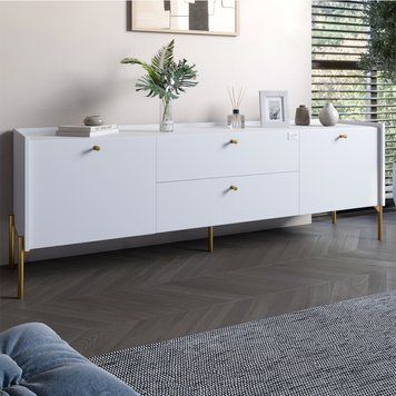 Тумба под телевизор с ящиками LION Wood с золотыми металлическими ножками 180х50х40 см нимфея альба (белый) 18152 фото мебель