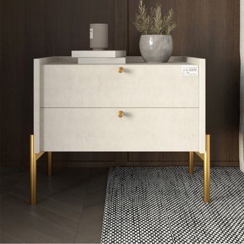 Тумба приліжкова LION Wood з двома шухлядами на золотих металевих ніжках 50х44х40 см бетон Style 17751 фото меблі