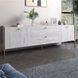 Тумба под телевизор с ящиками LION Wood с золотыми металлическими ножками 180х50х40 см самоа дымчатый 18154 фото мебель