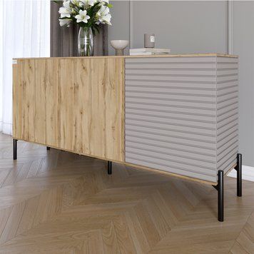 Комод закрытый в гостиную на черных металлических ножках LION Грей 154x30x76,5 см дуб аппалачи / кашемир 30566 фото мебель