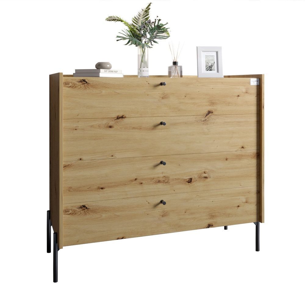 Комод із 4 шухлядами LION Wood на чорних металевих ніжках 100х90х45 см дуб артизан 17905 фото меблі