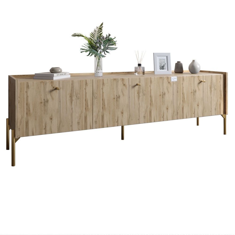 Тумба под телевизор на 3 ящика LION Wood с золотыми металлическими ножками 160х65х40 см дуб аппалачи 18006 фото мебель
