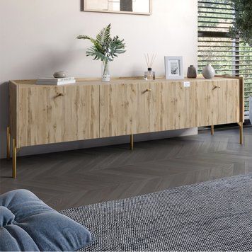 Тумба под телевизор на 3 ящика LION Wood с золотыми металлическими ножками 160х65х40 см дуб аппалачи 18006 фото мебель