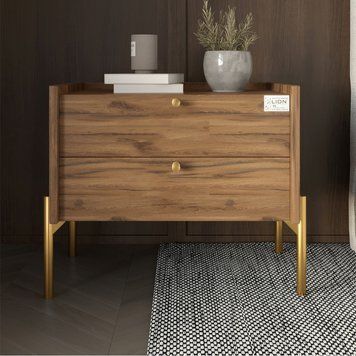 Тумба приліжкова LION Wood з двома шухлядами на золотих металевих ніжках 50х44х40 см дуб ліворно 17756 фото меблі