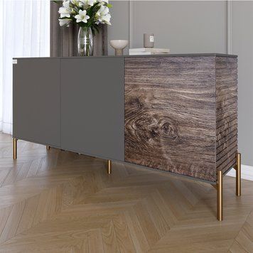 Комод закритий у вітальню на золотих металевих ніжках LION Грей 154x38x76,5 см антрацит / дерево 30621 фото меблі
