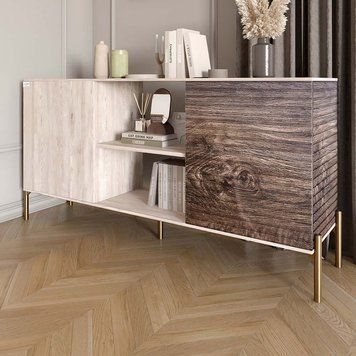 Комод открытый на золотых металлических ножках LION Грей 154x38x76,5 см самоа дымчатый / дерево 18507 фото мебель