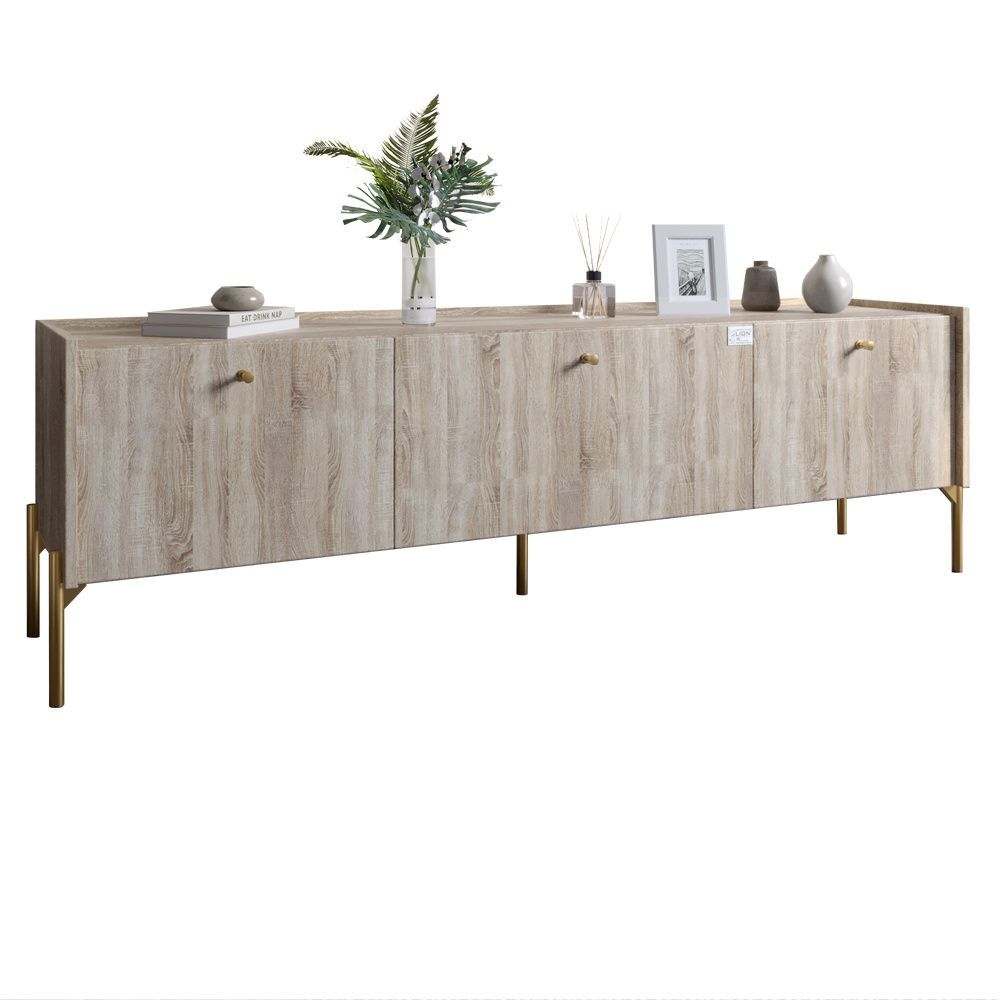 Тумба под телевизор на 3 ящика LION Wood с золотыми металлическими ножками 160х65х40 см дуб сонома 18009 фото мебель