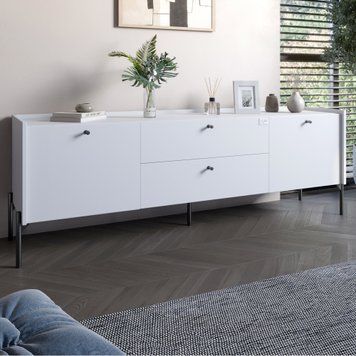 Тумба под телевизор с ящиками LION Wood с черными металлическими ножками 180х50х40 см нимфея альба (белый) 18167 фото мебель