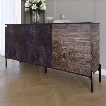 Комод закрытый в гостиную на черных металлических ножках LION Грей 154x30x76,5 см бетон темный / дерево 30513 фото мебель