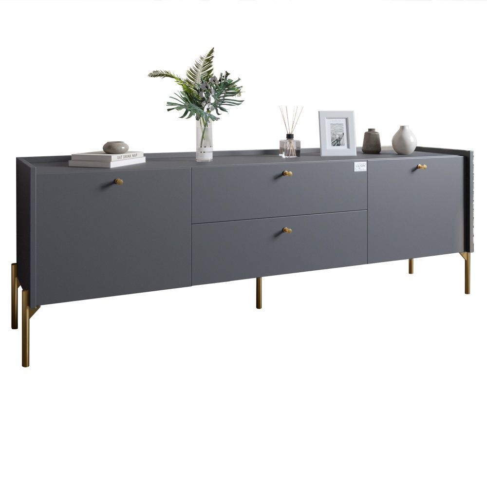 Тумба под телевизор с ящиками LION Wood с золотыми металлическими ножками 180х50х40 см антрацит 18060 фото мебель