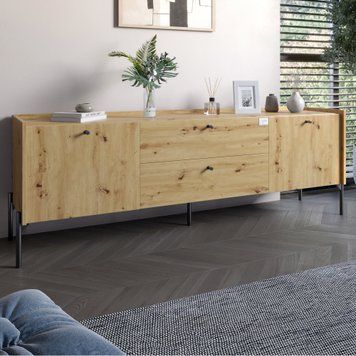 Тумба под телевизор с ящиками LION Wood с черными металлическими ножками 180х50х40 см дуб артизан 18162 фото мебель