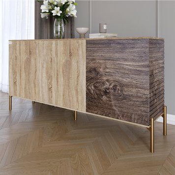 Комод закрытый в гостиную на золотых металлических ножках LION Грей 154x38x76,5 см дуб сонома / дерево 30630 фото мебель