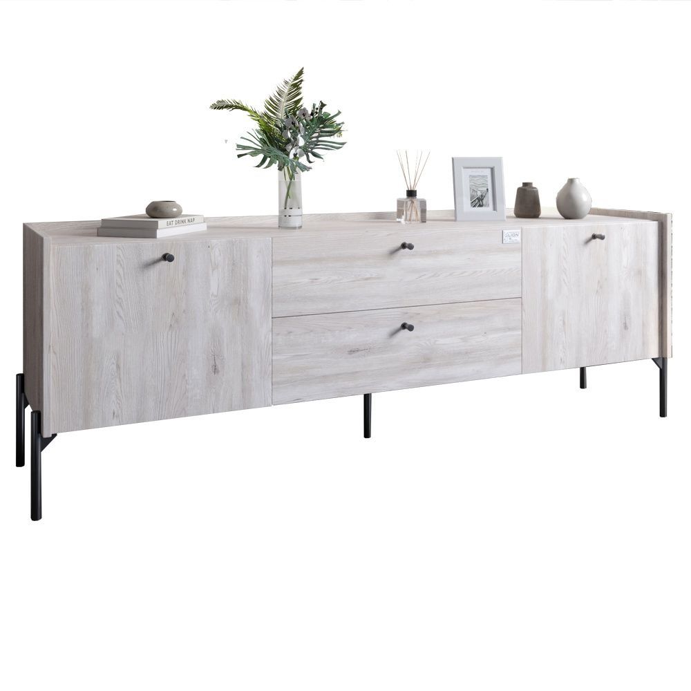 Тумба под телевизор с ящиками LION Wood с черными металлическими ножками 180х50х40 см самоа дымчатый 18169 фото мебель