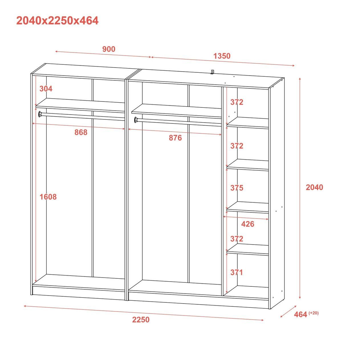 Шкаф распашной для одежды Промо Doros (Дорос) 2+3 ДСП 225х48х204 серый 80737767 фото мебель