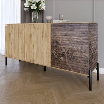 Комод закрытый в гостиную на черных металлических ножках LION Грей 154x30x76,5 см дуб аппалачи / дерево 30516 фото мебель
