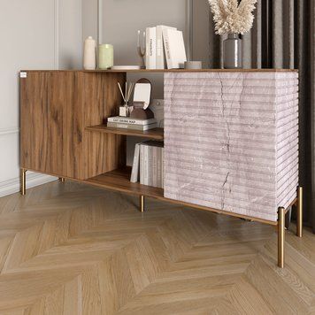 Комод открытый на золотых металлических ножках LION Грей 154x38x76,5 см дуб ливорно / камень 18518 фото мебель