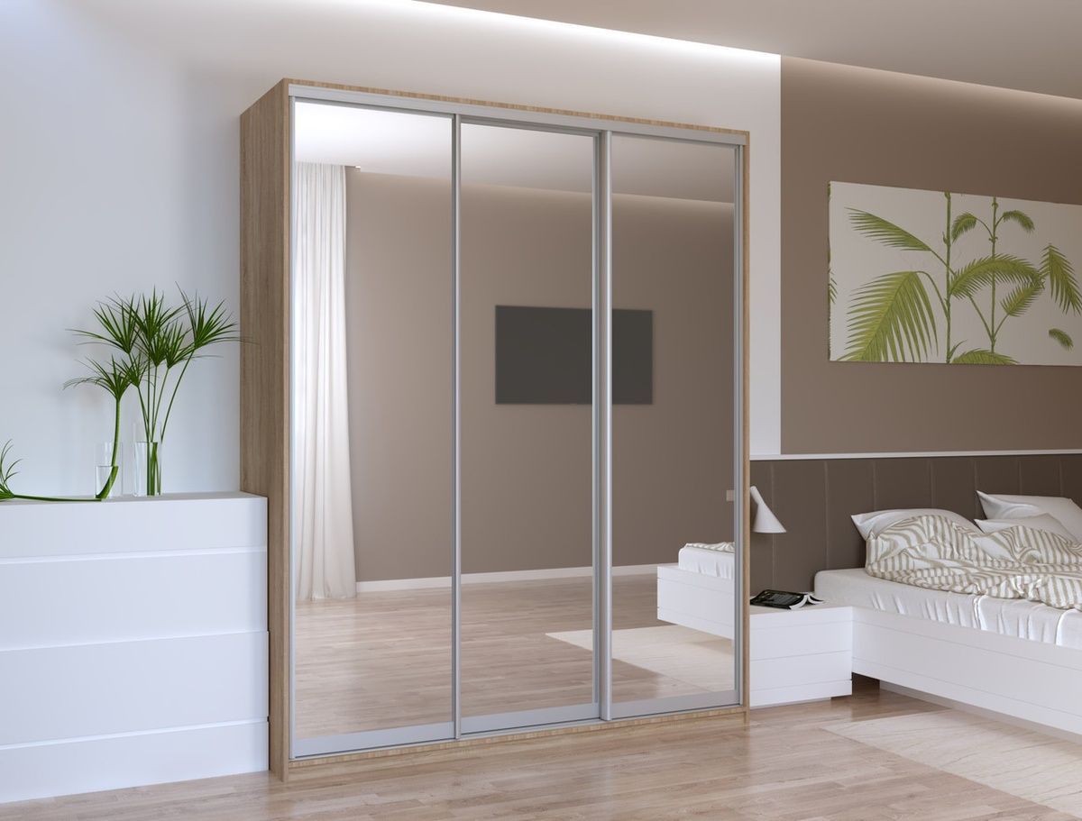 На фото шафа-купе Сіті Лайт Doros (Дорос) 3 Дзеркала 180х60х225 см дуб сонома в інтер'єрі
