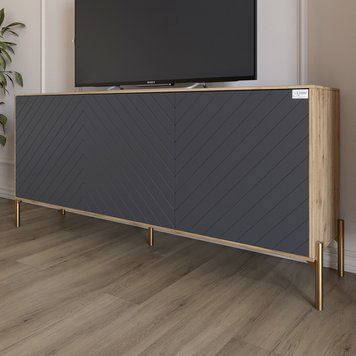 Тумба під телевізор із золотими металевими ніжками LION Амарант 168x40x76,5 см дуб аппалачі / графіт 18171 фото меблі