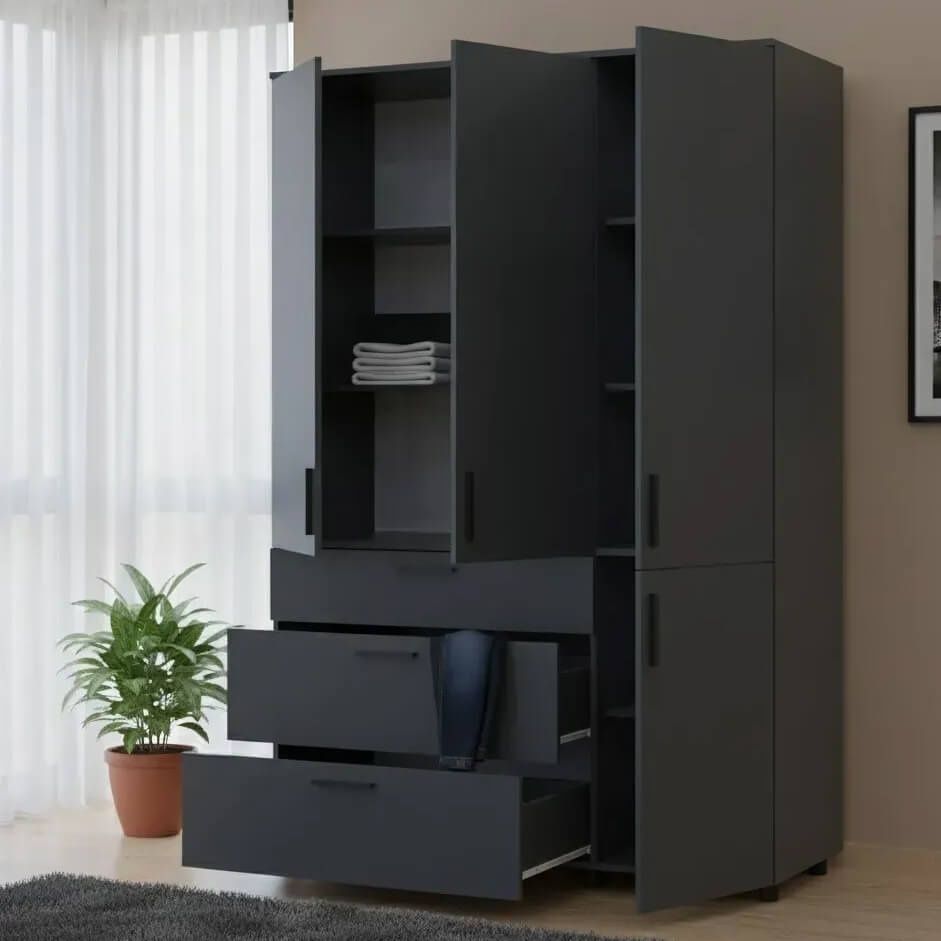 Шафа розпашна Торн Doros (Дорос) 3 ДСП/3Ш (полиці) 135х51,6х200 см антрацит 44900494 фото меблі
